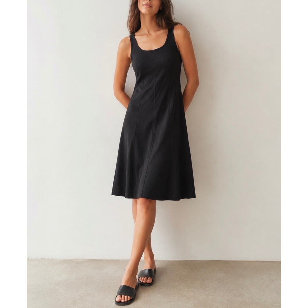 Everlane sz L Black Vertical Tailor Seam Sqaure Neck Midi Dress Minimal Preppy